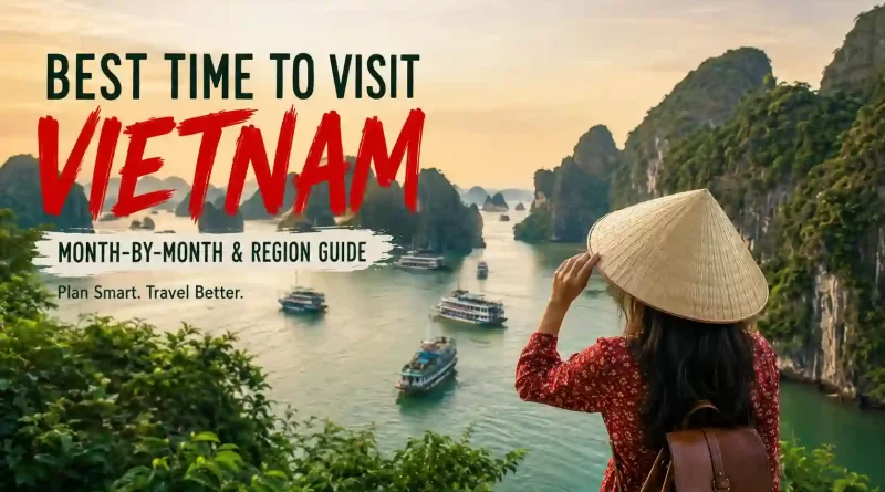 Traveller overlooking Ha Long Bay in Vietnam with limestone karsts and cruise boats, highlighting the best time to visit Vietnam month-by-month and by region.