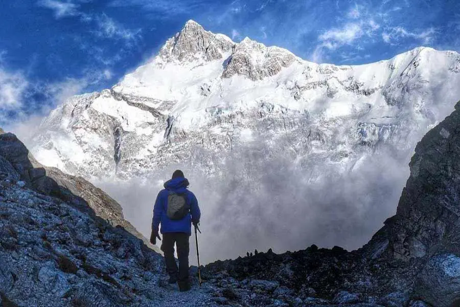 View of Mount Kanchenjunga from the Goechala Trek in Sikkim India.