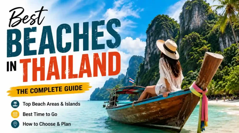 Best beaches in Thailand travel guide showing Railay Beach and a traditional Thai longtail boat.